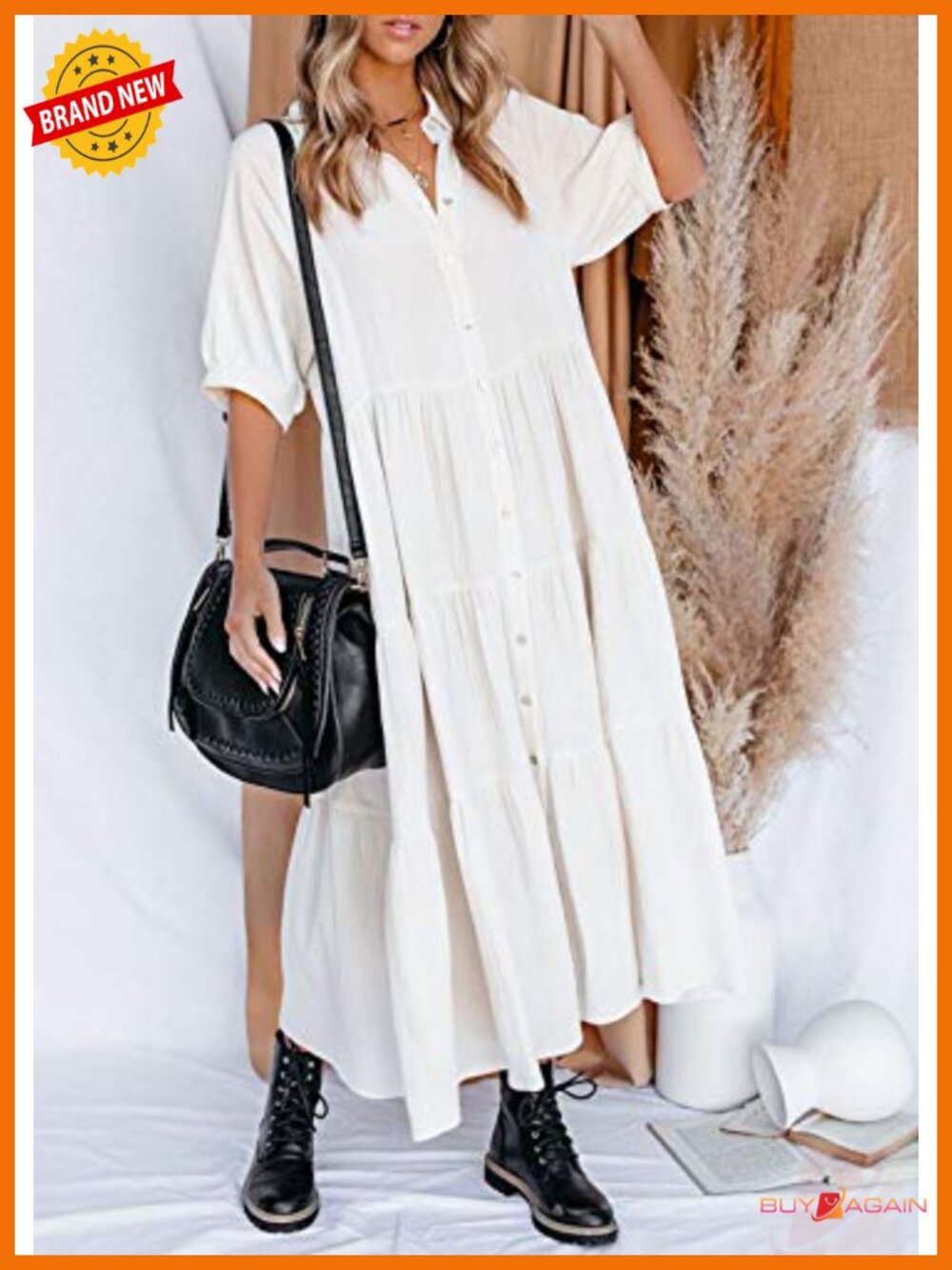Women's Cotton Button Down Midi Dress with Pockets - Picture 3 of 6